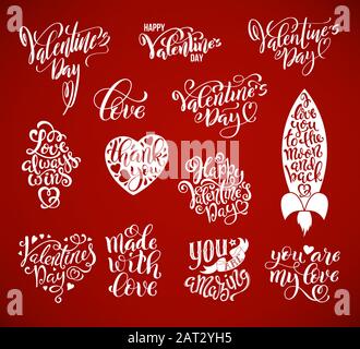 Bonne Saint Valentin grand ensemble de citations calligraphiques. Modèles pour cartes de vœux, motifs imprimés, autocollants avec typographie dessinée à la main. Lettrage à la main isolé sur fond rouge. Illustration vectorielle. Illustration de Vecteur