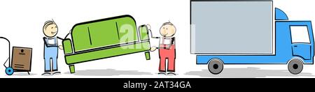 concept de déplacement de la maison avec les travailleurs de stickman transportant des meubles et des boîtes à ou à partir de l'illustration vectorielle de camion Illustration de Vecteur