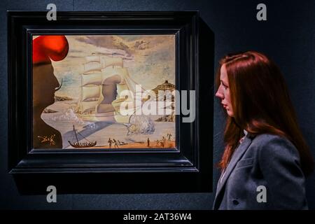 Londres, Royaume-Uni. 30 janvier 2020. Salvador Dalí: L'art de la Surréelle Soirée Vente, sans titre, bateau à voiles dans la baie de Port Lligat, 1960 Estimation 1.500,000 GBP -2.500,000 GBP - Christies affiche un aperçu des ventes aux enchères impressionnistes, Modernes et Surréalistes qui ont lieu à Londres le 5 février 2020. Crédit: Guy Bell/Alay Live News Banque D'Images