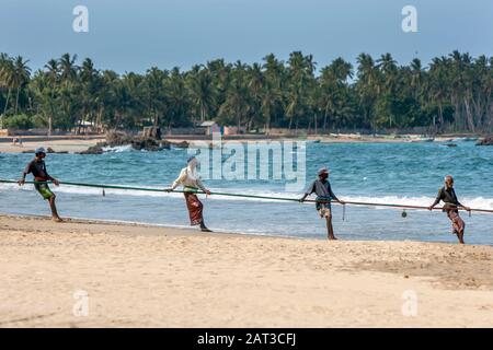 Les pêcheurs locaux de Seine tirent un filet de pêche sur la plage d'Uppuveli au Sri Lanka en début de matinée. Banque D'Images