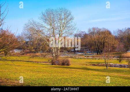 Varsovie, Mazovie / Pologne - 2019/02/23 : Dolina Sluzewiecka valley et du parc public à Varsovie le long du ruisseau Potok Sluzewiecki au début de printemps. Banque D'Images