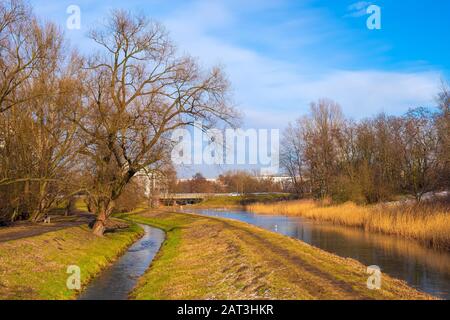 Varsovie, Mazovie / Pologne - 2019/02/23 : Dolina Sluzewiecka valley et du parc public à Varsovie le long du ruisseau Potok Sluzewiecki au début de printemps. Banque D'Images