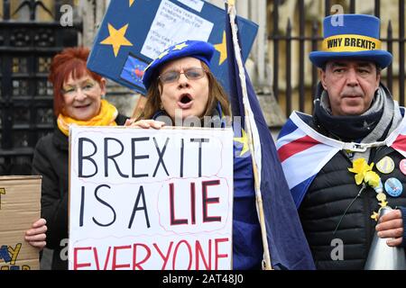 Des manifestants anti-Brexit à l'extérieur du Parlement, Westminster, Londres. Banque D'Images