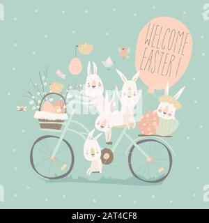 Des lapins de Pâques à vélo avec des œufs de pâques Illustration de Vecteur
