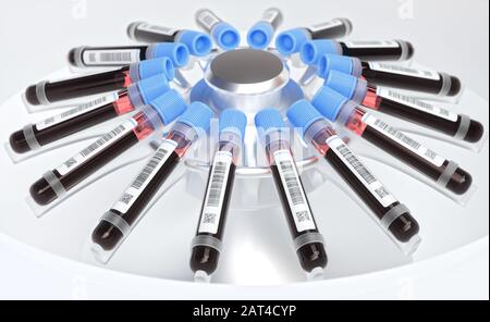 Tubes de sang dans la centrifugeuse. Image conceptuelle des tests sanguins, des maladies et de la recherche génétique et en laboratoire. Banque D'Images