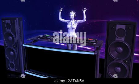 DJ android, robot Disc jockey avec lecture de la musique sur les plateaux tournants, cyborg sur scène avec équipement audio deejay, vue latérale, rendu tridimensionnel Banque D'Images