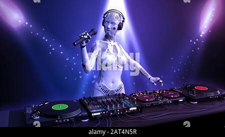 DJ android, robot Disc jockey avec microphone jouant de la musique sur les plateaux tournants, cyborg sur scène avec équipement audio deejay, vue rapprochée, rendu tridimensionnel Banque D'Images