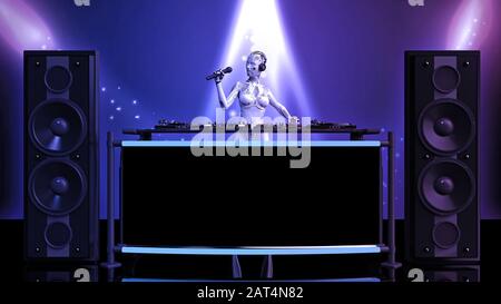 DJ android, robot Disc jockey avec microphone jouant de la musique sur les plateaux tournants, cyborg sur scène avec équipement audio deejay, vue avant, rendu tridimensionnel Banque D'Images