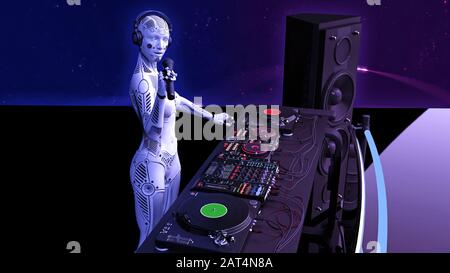 DJ android, robot Disc jockey avec microphone jouant de la musique sur les plateaux tournants, cyborg sur scène avec équipement audio deejay, vue latérale, rendu tridimensionnel Banque D'Images