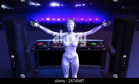 DJ android, robot Disc jockey pointant et jouant de la musique sur les platines, cyborg sur scène avec équipement audio deejay, rendu tridimensionnel Banque D'Images