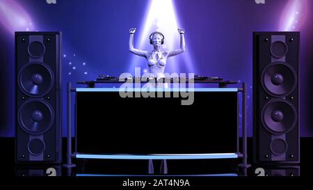 DJ android, robot Disc jockey avec lecture de la musique sur les plateaux tournants, cyborg sur scène avec équipement audio deejay, vue avant, rendu tridimensionnel Banque D'Images