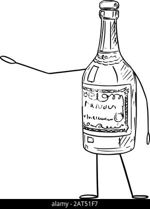 Illustration vectorielle du caractère de bouteille de liqueur de dessin animé montrant ou pointant vers quelque chose à la main.Publicité ou design de marketing. Illustration de Vecteur