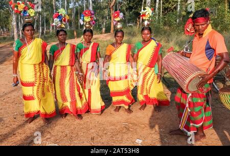 Tribal man joue un instrument de musique tandis que les femmes exécutent la danse folklorique dans une zone boisée à Bolpur Shantiniketan, Bengale occidental Banque D'Images