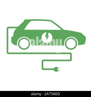 Concept de voiture électrique. Icône verte de voiture électrique rechargeable avec câble, isolée sur blanc. Symbole plat, illustration vectorielle dessinée à la main simple. Vert Illustration de Vecteur