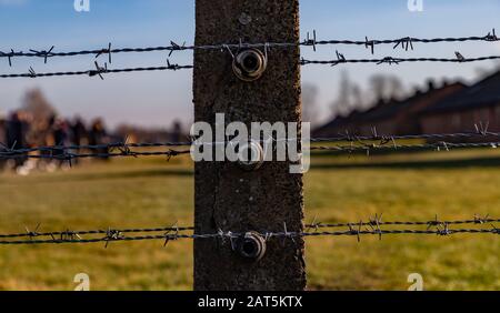 Une photo des clôtures sur le terrain d'Auschwitz II - Birkenau. Banque D'Images