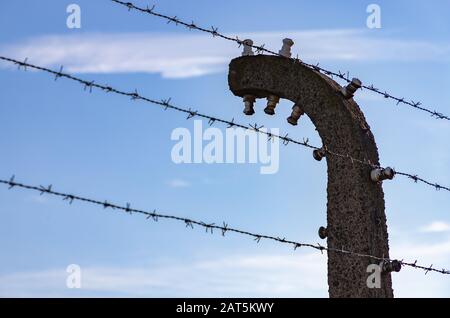 Une photo des clôtures sur le terrain d'Auschwitz II - Birkenau. Banque D'Images