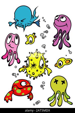 dessins colorés drôles de dessins de poissons et de poulpes et de bulles Illustration de Vecteur