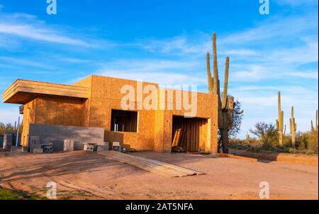 Nouveau site de construction de maison Dans la région de Phoenix Arizona avec cactus. Banque D'Images