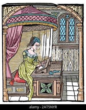 Diego De San Pedro (1437-1498). Écrivain castillan. Prison d'Amour, 1492. La princesse Laureola écrit une lettre. Gravure. Banque D'Images