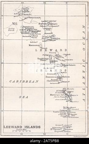 Carte vintage des îles Leeward - Situé dans le nord-est de la mer des Caraïbes rencontre l'ouest de l'océan Atlantique. Banque D'Images