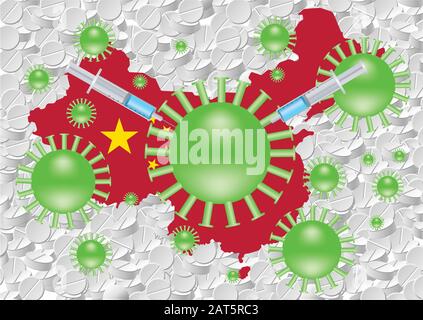 Des seringues médicales sont insérées dans le coronavirus à l'arrière-plan d'une carte de la Chine et des comprimés. L'épidémie de coronavirus-nCoV 2019. Illustration de Vecteur