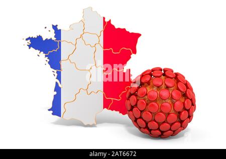 Concept de virus en France, rendu tridimensionnel isolé sur fond blanc Banque D'Images