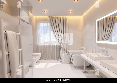 illustration tridimensionnelle d'une salle de bains dans une maison privée. Design intérieur en blanc sans textures Banque D'Images