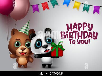 Joyeux anniversaire vecteur animal enfants fête. Joyeux anniversaire message d'accueil texte avec panda et ours enfants animal personnages debout et tenant des ballons, fête. Illustration de Vecteur