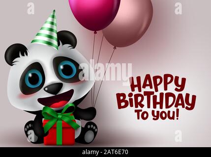 Joyeux anniversaire panda animal personnage. Fête d'anniversaire texte d'accueil avec ours panda assis et tenant cadeau, ballons et éléments de chapeau avec l'espace. Illustration de Vecteur