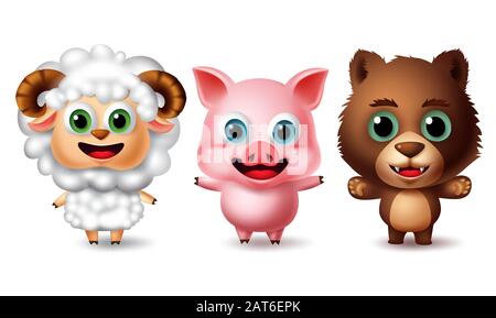 Jeu de vecteurs de caractères d'animal debout. Les personnages d'agneau, de porc et d'ours en souriant l'expression faciale tout en étant isolés sur fond blanc. Illustration de Vecteur