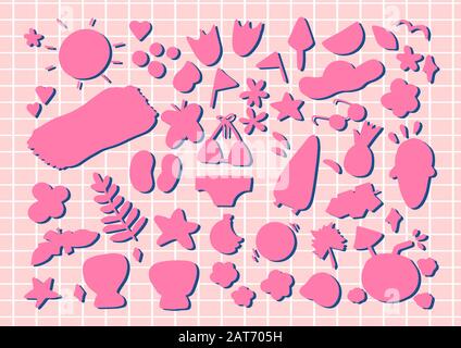 Gros autocollants de silhouette rose d'été isolés sur fond texturé. Mignons éléments girly. Illustration vectorielle dans le style de dessin animé.Art de clip monochrome Illustration de Vecteur