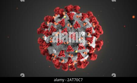 Cette illustration, créée dans les centres de contrôle et de prévention des maladies (CDC), révèle une morphologie ultrastructurale exposée par le Coronavirus Novel 2019 (COVID-19). Notez les pics qui ornent la surface externe du virus, qui donnent l'aspect d'un corona entourant le virion, lorsqu'on regarde l'électron microscopiquement. Dans cette vue, les particules de protéines E, S, M et HE, également situées sur la surface extérieure de la particule, ont toutes été marquées. Ce virus a été identifié comme la cause d'une éclosion de maladie respiratoire détectée pour la première fois à Wuhan, en Chine. Banque D'Images