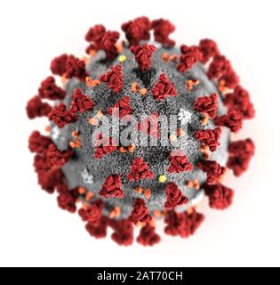 Cette illustration, créée dans les centres de contrôle et de prévention des maladies (CDC), révèle une morphologie ultrastructurale exposée par le Coronavirus Novel 2019 (COVID-19). Notez les pics qui ornent la surface externe du virus, qui donnent l'aspect d'un corona entourant le virion, lorsqu'on regarde l'électron microscopiquement. Dans cette vue, les particules de protéines E, S, M et HE, également situées sur la surface extérieure de la particule, ont toutes été marquées. Ce virus a été identifié comme la cause d'une éclosion de maladie respiratoire détectée pour la première fois à Wuhan, en Chine. Banque D'Images