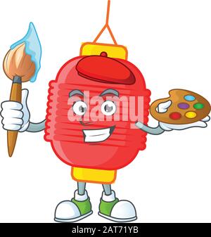 Icône de mascotte de peintre de lanterne chinois élégant avec brosse Illustration de Vecteur