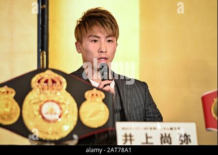 Tokyo, Japon. 31 janvier 2020. Le boxeur japonais Naoya Inoue, WBA Super World Bantam, champion de boxe IBF World Bantam, s'exprime lors d'une conférence de presse à Tokyo, Japon, le 31 janvier 2020. Inoue combattra le 25 avril à Las Vegas, Nevada, USA, John Riel Casimero, champion du monde de Bantam aux Philippines. Crédit: Hiroaki Yamaguchi/Aflo/Alay Live News Banque D'Images