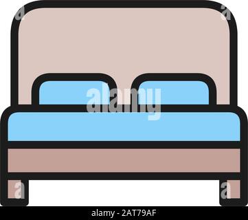 Lit double, icône ligne de couleur plate dans la chambre d'hôtel. Illustration de Vecteur