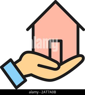 Main tient maison, assurance habitation, protection de l'immobilier plat couleur icône. Illustration de Vecteur