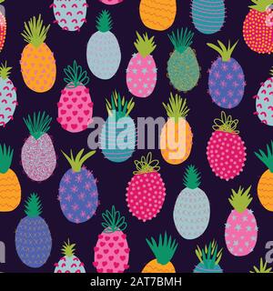 Motif ananas. Arrière-plan coloré abstrait et sans couture vectoriel en été. Répétition des ananas tropicaux sur le noir. Fruits exotiques tirés à la main isolés dans Illustration de Vecteur