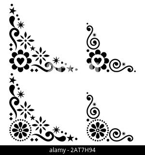 Ensemble de coins vectoriels à fleurs scandinaves, éléments de décoration folklorique avec fleurs en noir sur fond blanc Illustration de Vecteur