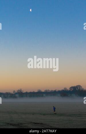La personne qui traverse un champ de brume au lever du soleil, avec la lune montrant Banque D'Images