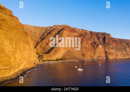 Plage Playa de Argaga, canyon d'Argaga au soir, Valle Gran Rey, vue aérienne, la Gomera, îles Canaries, Espagne Banque D'Images