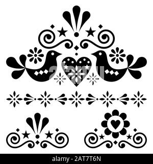 Ensemble de motifs vectoriels d'art folklorique scandinave - collection à motifs uniques, joli ornement fleuri avec fleurs en noir sur fond blanc Illustration de Vecteur