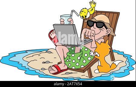 Homme de bande dessinée en vacances, couché sur chaise de plage en vérifiant ses mails avec son ordinateur portable et boire l'illustration vectorielle d'eau froide Illustration de Vecteur