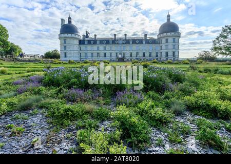 France, Indre, Berry, Valenray, Château de Valenray Park and Gardens, façade du château et Grande perspective, rond d'iris et de graminées bleutées Banque D'Images