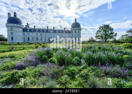 France, Indre, Berry, Valenray, Château de Valenray Park and Gardens, façade du château et Grande perspective, rond d'iris et de graminées bleutées Banque D'Images