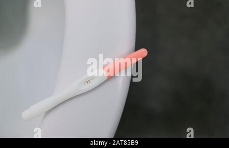 Un bâton de test de grossesse positif se trouve sur un bol de toilettes. Banque D'Images