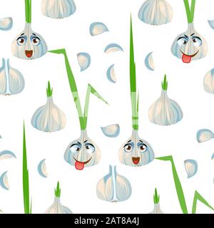 Joli motif sans couture avec de l'ail à motif émoticône Illustration de Vecteur