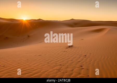 Lever du soleil sur les dunes du Sahara, Merzouga, Maroc Banque D'Images