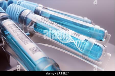 Molécule d'ADN formant à l'intérieur du tube à essai. Illustration tridimensionnelle, image conceptuelle de la science et de la technologie. Banque D'Images
