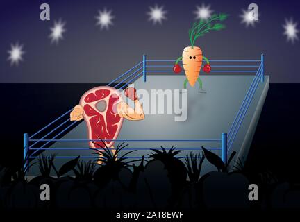 illustration des légumes contre la viande sur un anneau de combat, concept de nutrition correcte contre mauvaise nutrition, végétalien Illustration de Vecteur